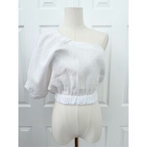 Lanhtropy Womens White Linen Asymmetrical One-Shoulder Tulip Cropped Top Size XS